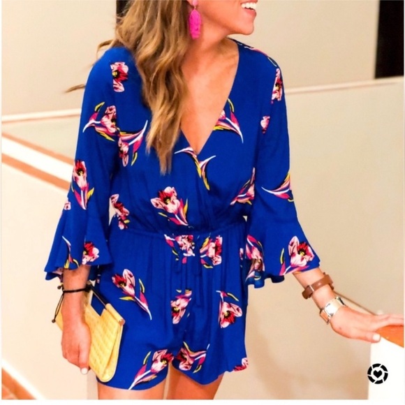 Express Pants - NWT Express Surplice Bell Sleeve Blue Floral Romper Medium
